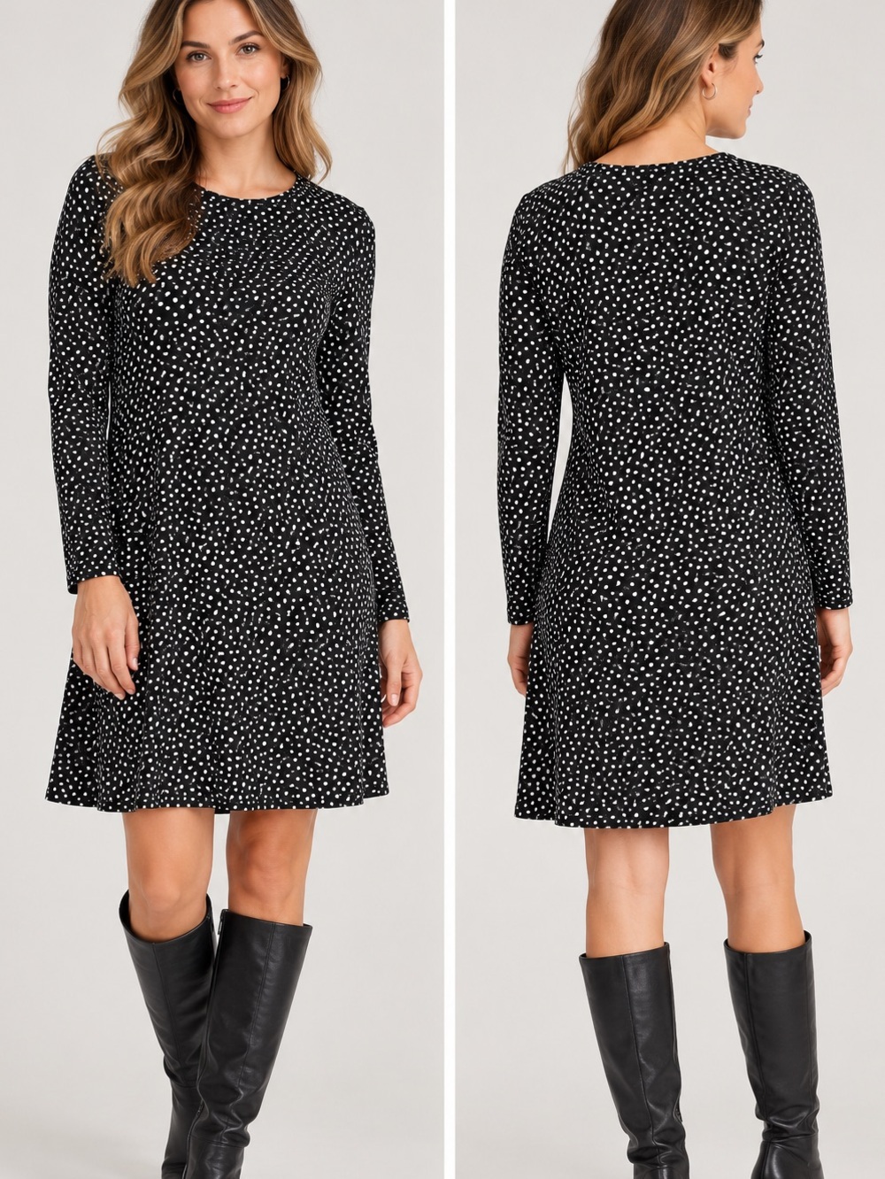 Black & White Dot Long-Sleeve A-Line Dress